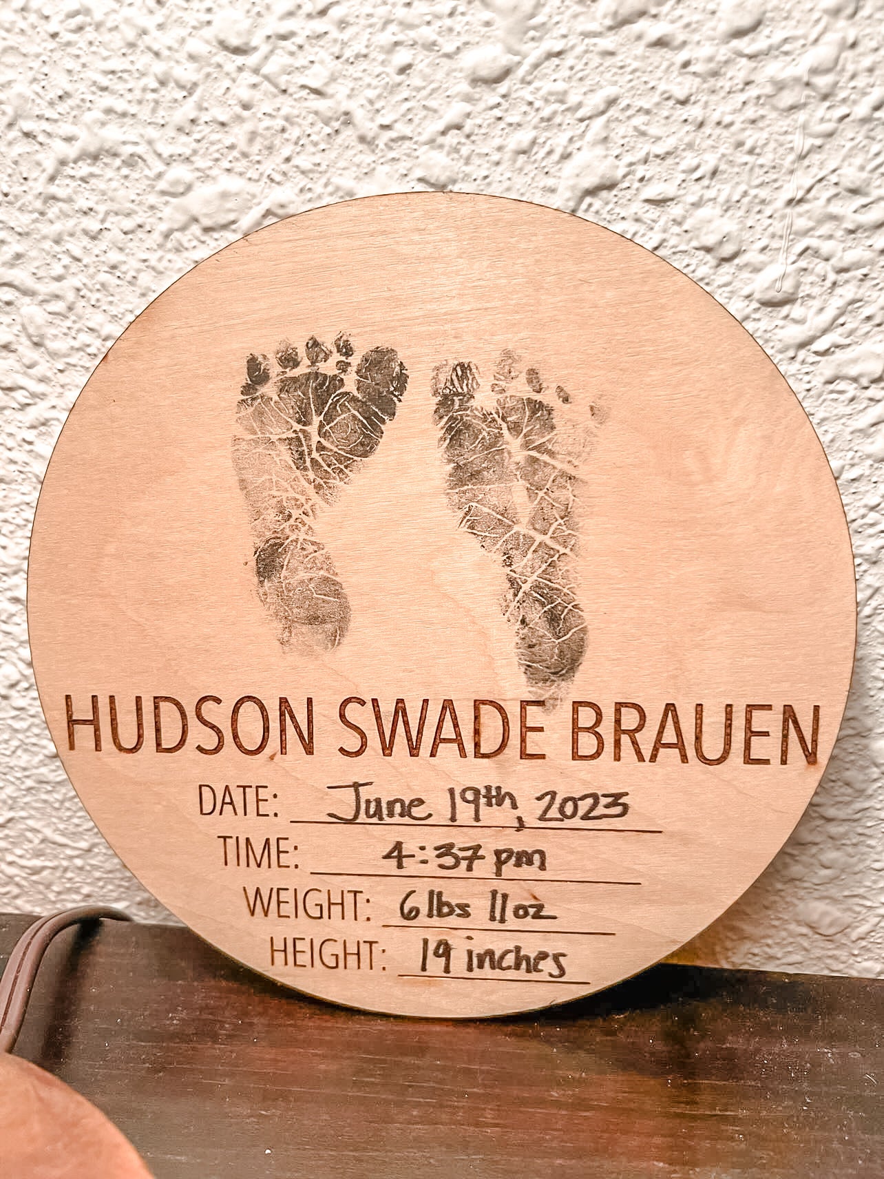 Wood birth announcement